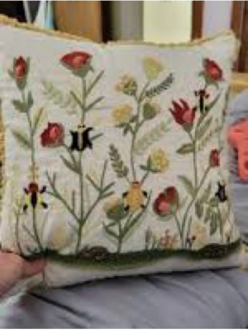 Pier 1 Embroidered Flora & Fauna Pillow Folk Art, Cottagecore ,Lovely,Size 14x14